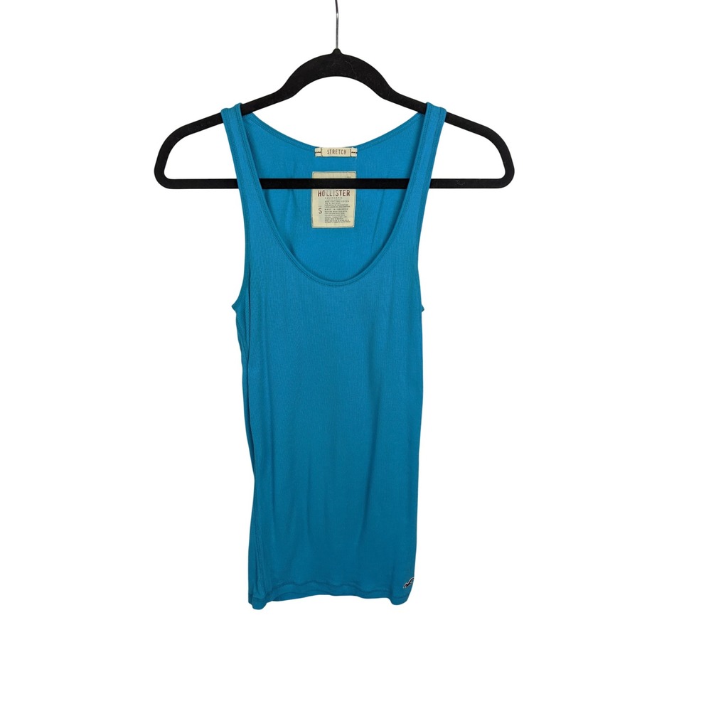 Hollister Y2K Blue Stretch Ribbed Tank Top S Small Embroidered Logo Scoop Neck
